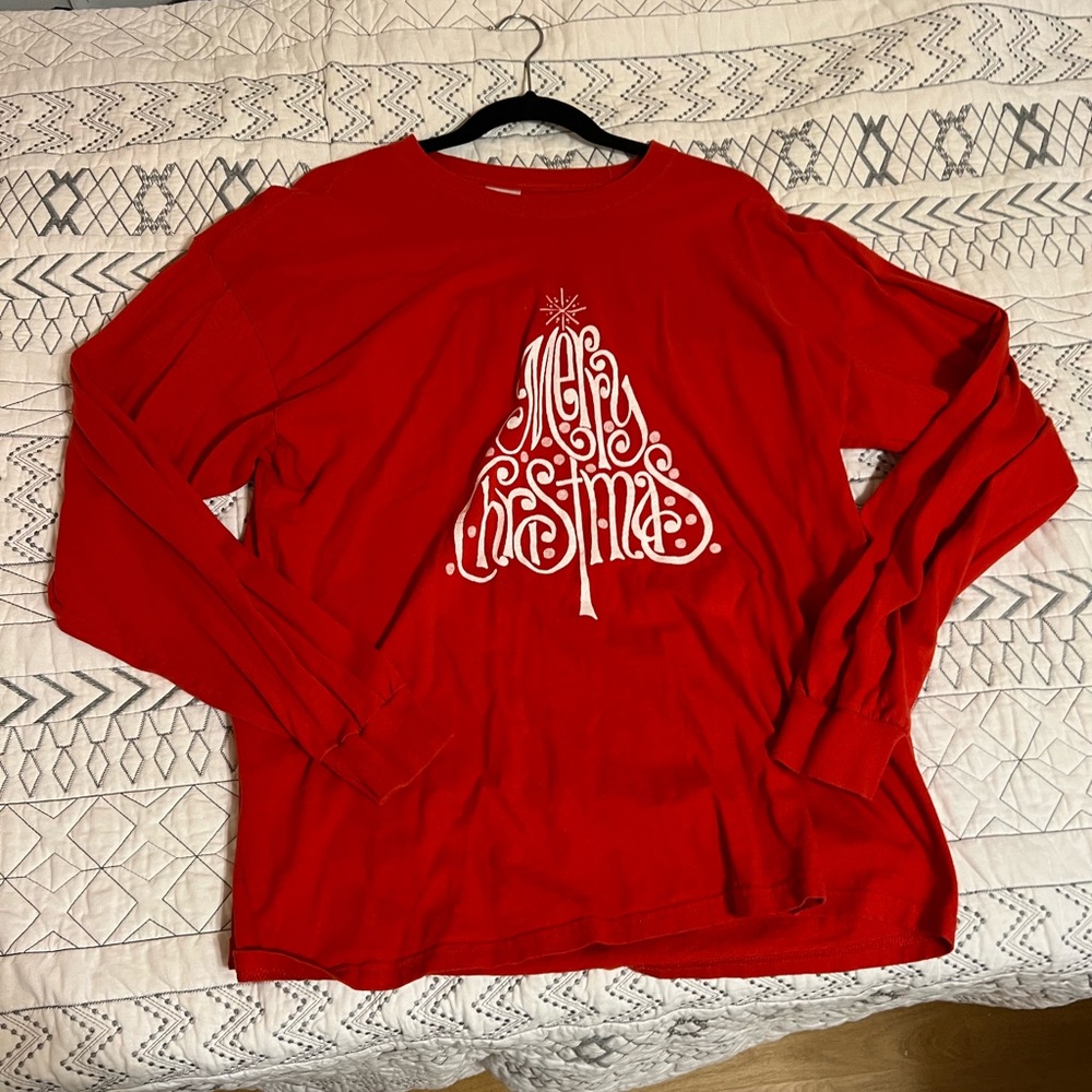 Ladies, long sleeve holiday T-shirt with Christmas graphic screen print on front